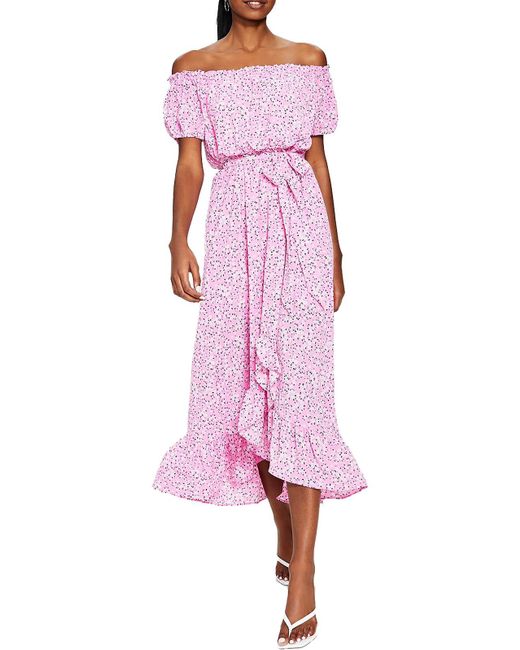 BarIII Pink Printed Off-the-shoulder Midi Dress