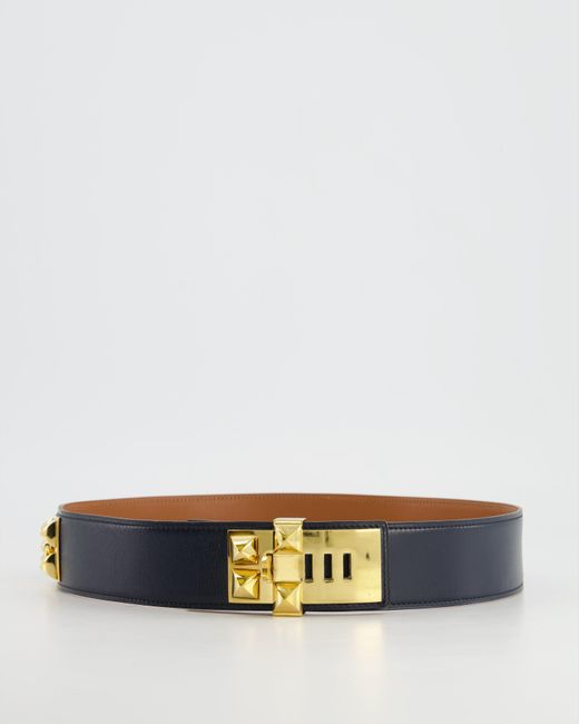 Hermès White Hermes Navy Collier De Chien Leather Belt With Gold Hardware