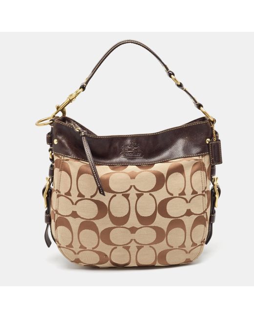 COACH Brown /beige Signature Canvas And Leather Buckle Hobo