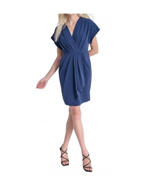 DKNY Women's Blue Twist-Front Dolman-Sleeve V-Neck Dress