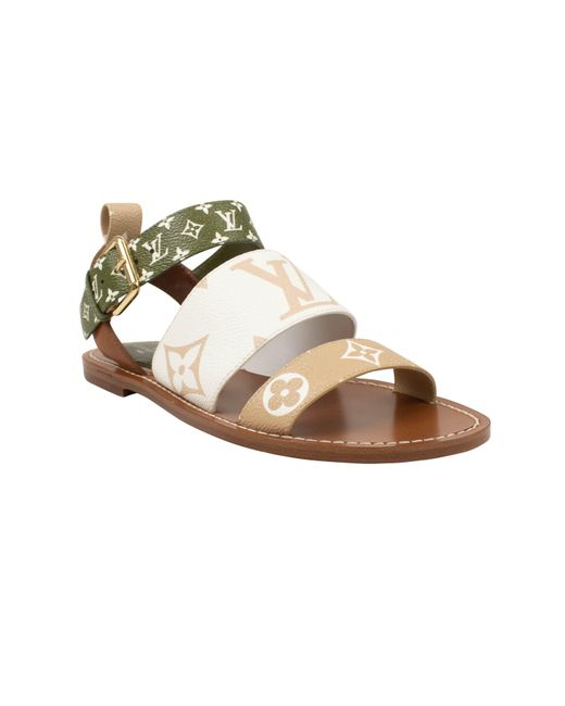 Louis Vuitton Metallic Green And White Grained Leather Monogram Sandals