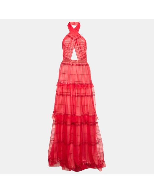 Tadashi Shoji Women's Sequin Tulle Halter Neck Tiered Gown