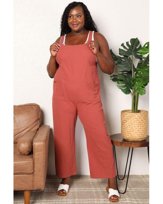TRUEDAMES Red Wide Leg Overalls With Front Pockets
