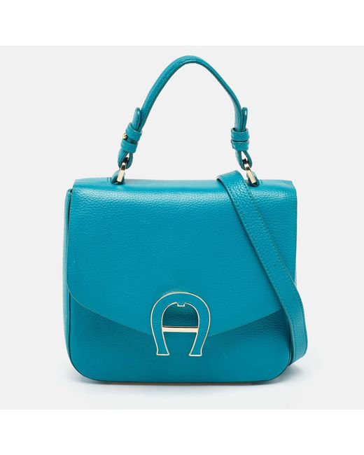 Aigner Blue Leather Logo Flap Top Handle Bag