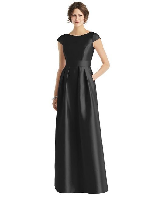Alfred Sung Black Cap Sleeve Pleated Skirt Dress With Pockets