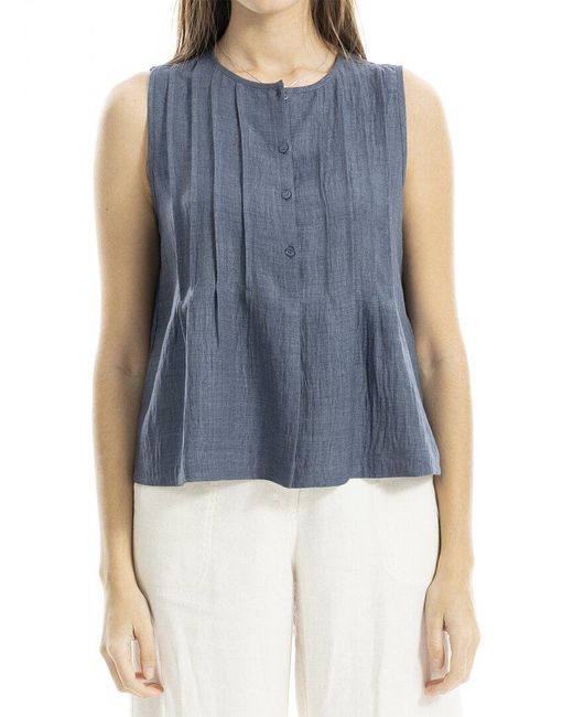 Max Studio Blue Pleated Button-Front Blouse