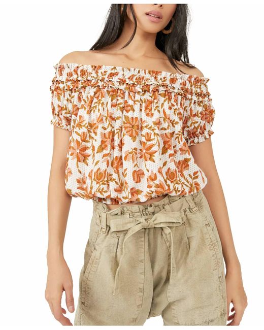 Free People White Suki Floral Off The Shoulder Top