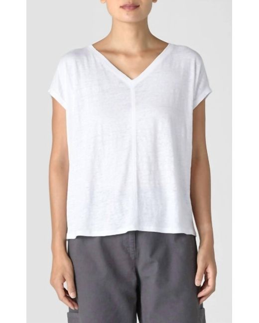 Eileen Fisher White Organic Linen Jersey V-Neck Tee
