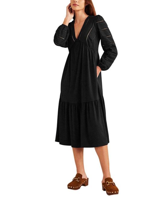 Boden Black Woven Mix Midi Jersey Dress