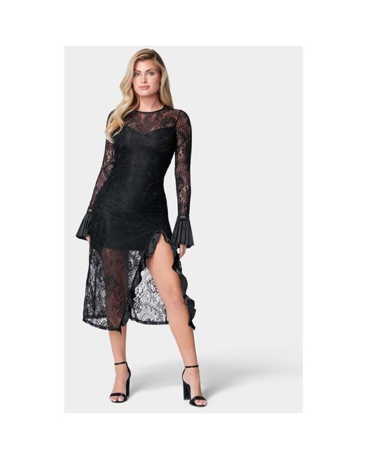 bebe black lace dress Bebe Women's Faux Leather Lace Illusion Midi Dress