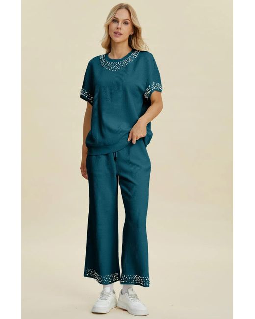TRUEDAMES Blue Full Size Pearl Detail Round Neck Top And Pants Set