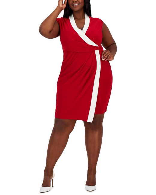 Kasper Red Plus Colorblock Short Wrap Dress