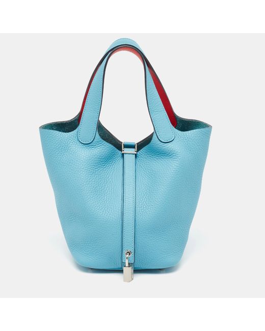 Hermès Blue Bleu Du Nord/rouge De Coeur Taurillon Clemence Leather Picotin Lock 18 Bag