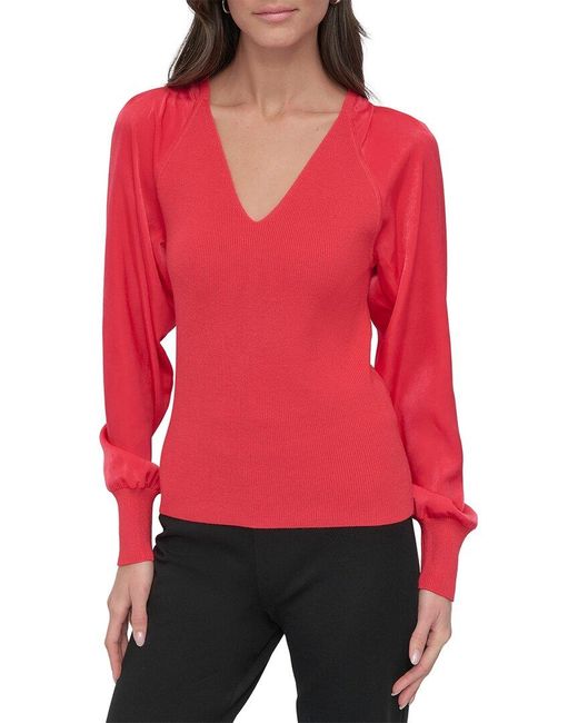 DKNY Women's Red Mix Media V-Neck Sweater