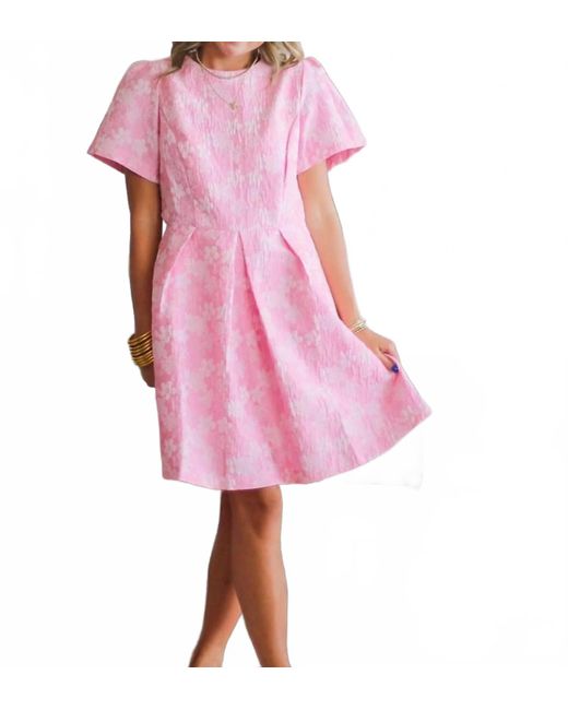 J.Nna Pink Flower Jacquard Short Sleeve Dress