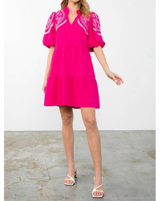 Thml Pink Embroidered Puff Sleeve Tiered Dress