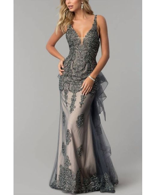 Jovani Gray Long Embroidered Open-back Prom Dress