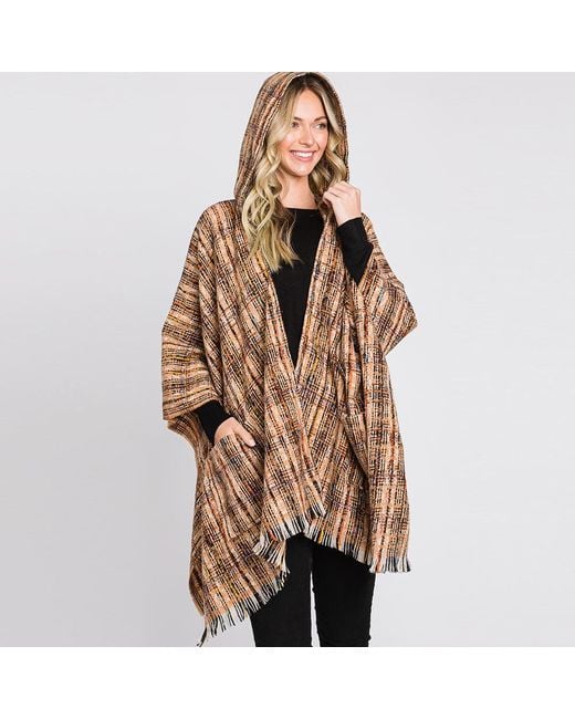TRUEDAMES Brown Hooded Plaid Check Patterned Front Pockets Fringe Ruana Poncho