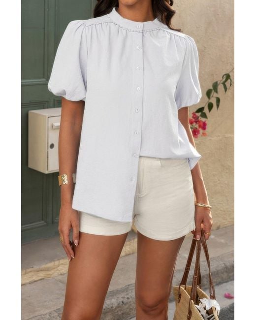 TRUEDAMES White Button Down Lantern Puff Short Sleeve V Neck Top