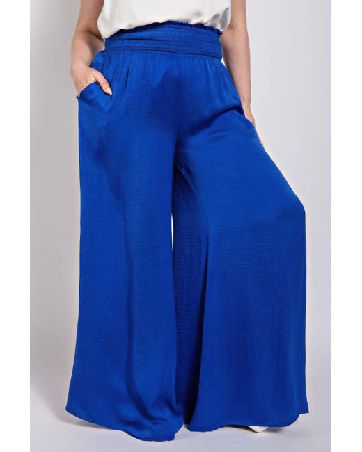 TRUEDAMES Blue Washed Satin Wide Pants With Waist Smocked