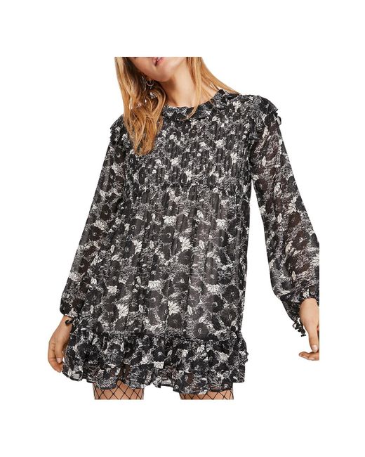 Free People Gray These Dreams Floral Ruffled Mini Dress