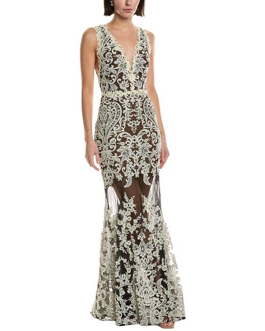 Marchesa Metallic Sleeveless Deep V-Neck Embroidered Gown
