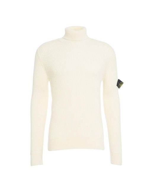 Stone Island White Ribbed Turtleneck Sweater for men