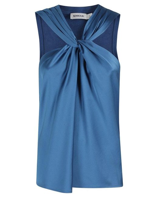 Jonathan Simkhai Blue Satin-Finish Crossover Neckline Top With Knit Back Detail