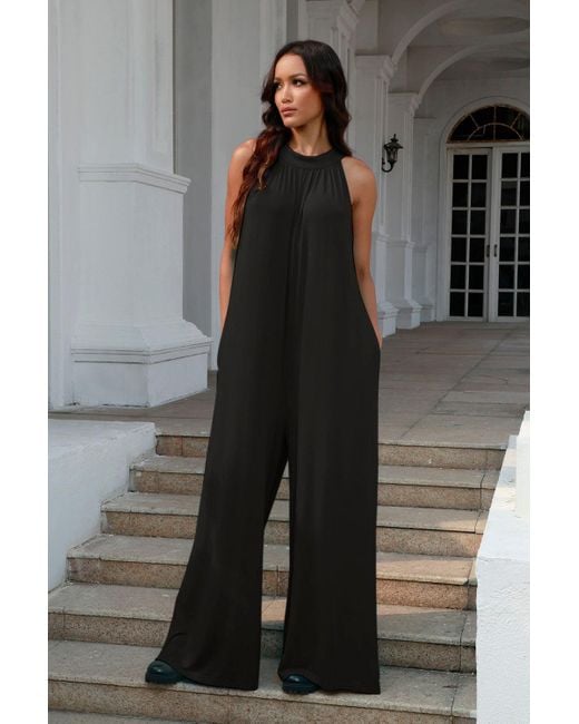 TRUEDAMES Black Full Size Tie Back Cutout Sleeveless Jumpsuit