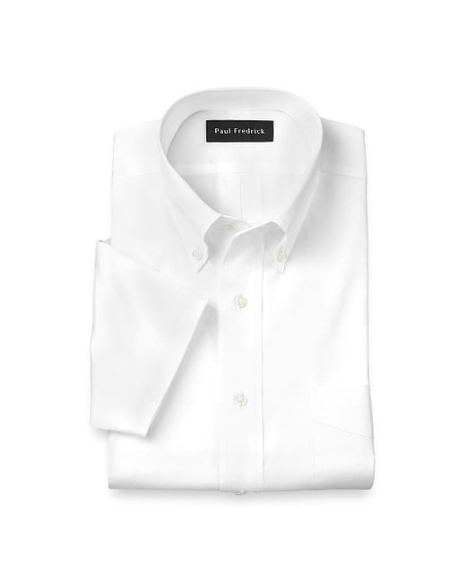 Paul Fredrick Men's White Non-Iron Cotton Pinpoint Solid Button Down Collar Short Sleeve Dress Shirt