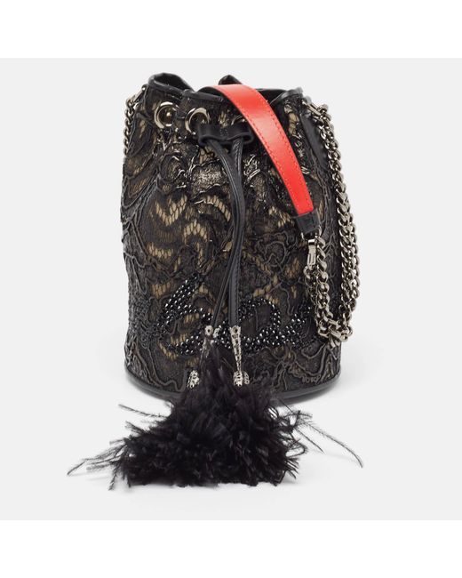 Christian Louboutin Black Lace Feather And Leather Marie Jane Bucket Bag