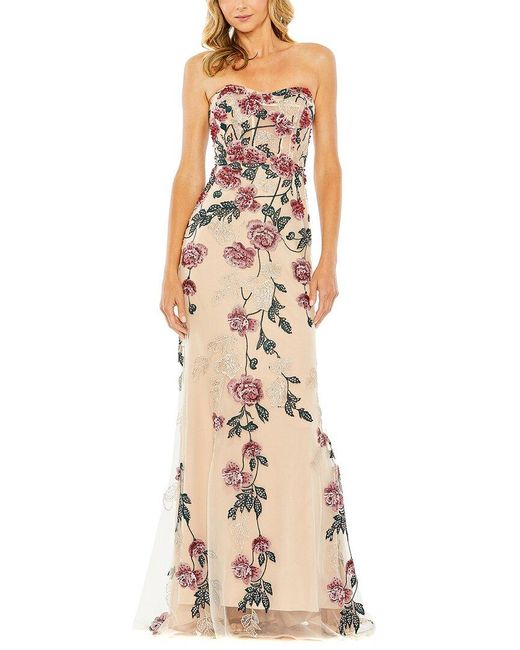 Mac Duggal Natural Strapless Floral Embroidered Gown