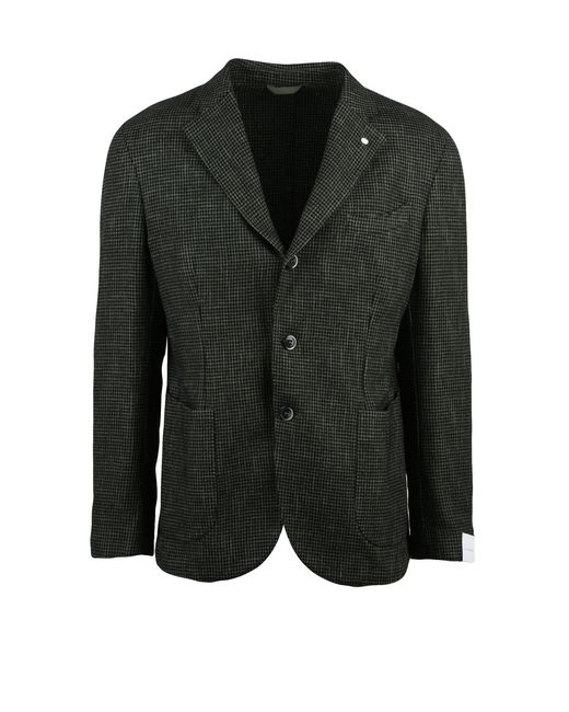 Luigi Bianchi Black Rounded Jacket With Suede Effect And Houndstooth Pattern for men