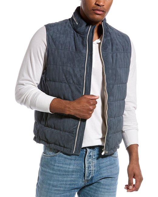 Brunello Cucinelli Quilted Suede Down Vest in Blue for Men | Lyst