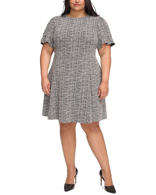 DKNY Gray Plus Printed Knit Fit & Flare Dress