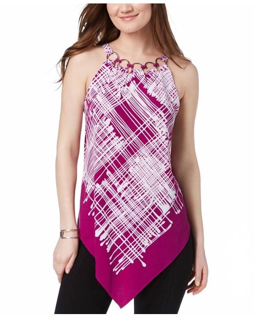Alfani Purple Printed Ring Neck Top