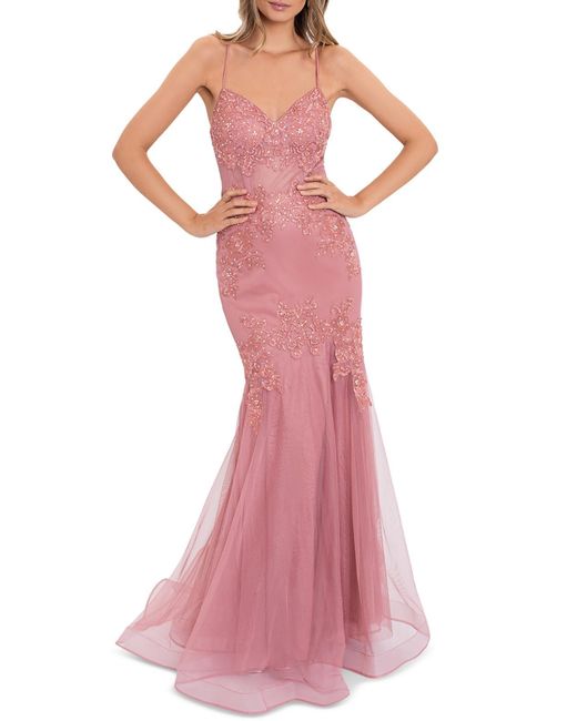 Blondie Nites Pink Juniors Tulle Boning Evening Dress