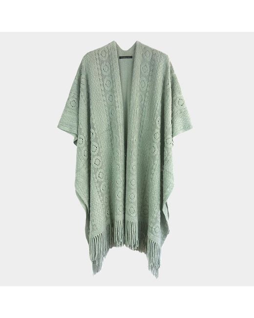 TRUEDAMES Green Solid Crochet Ruana Poncho