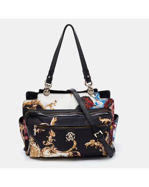 Roberto Cavalli Black Color Floral Print Fabric And Leather Tote