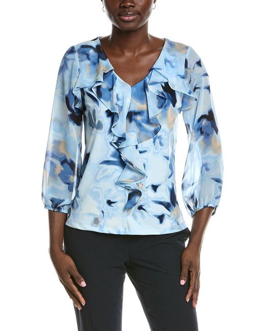 Anne Klein Blue Cascade Ruffle Front Top