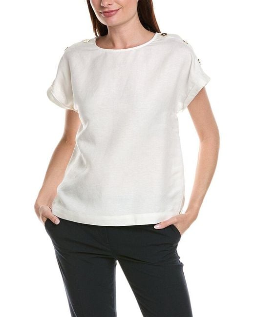 Anne Klein White Button Shoulder Linen-blend Blouse