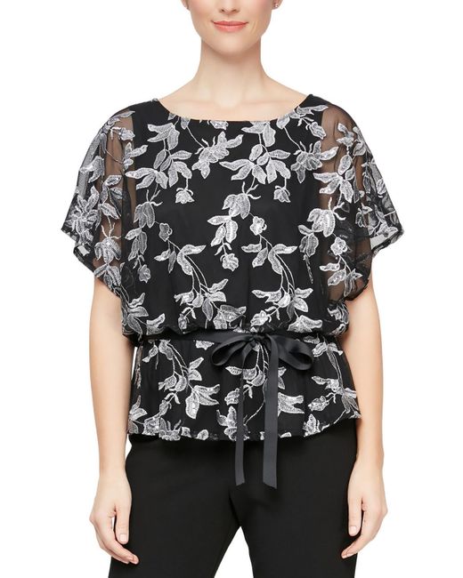 Alex Evenings Black Mesh Embroidered Blouse