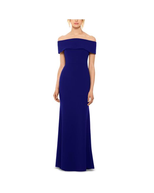 Betsy & Adam Blue Off-The-Shoulder Bow-Back Evening Dress