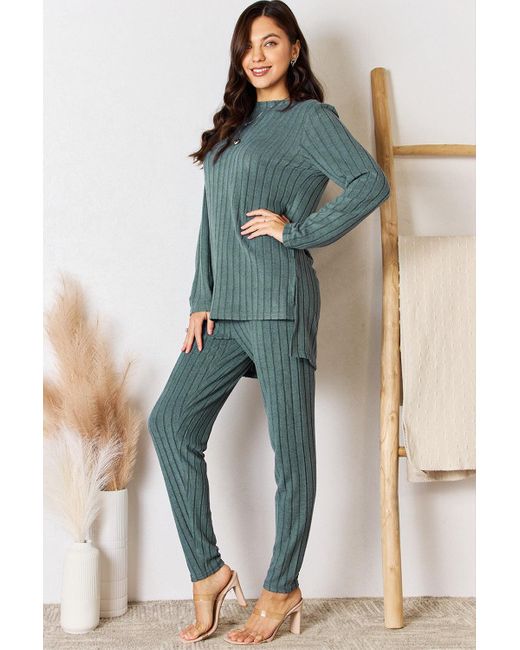 Fashnzfab Green Full Size Ribbed Round Neck High-Low Slit Top And Pants Set
