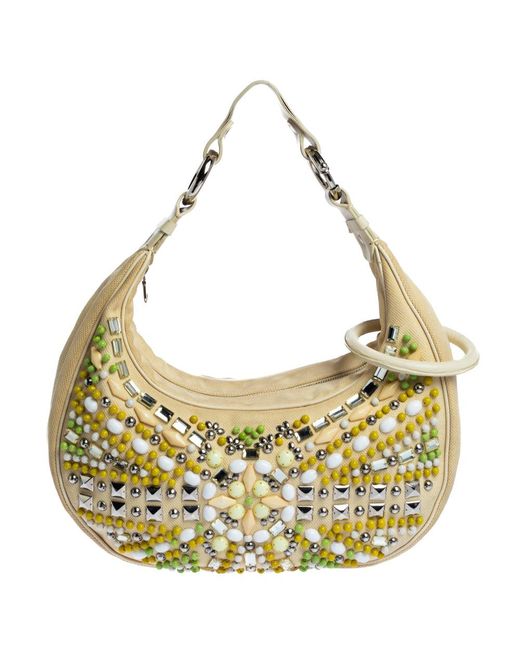 Chloé Metallic Light Canvas And Leather Crystal Embellished Crescent Hobo