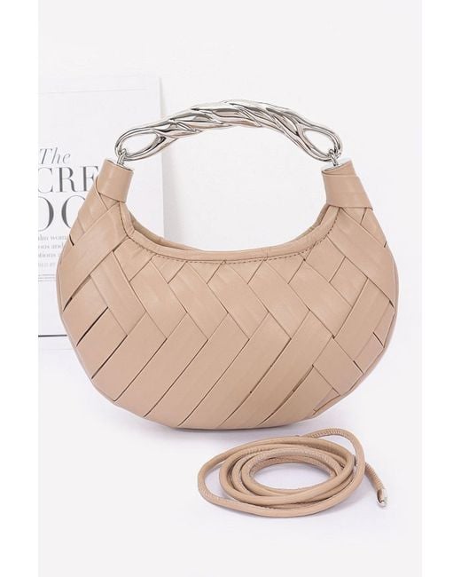 Fashnzfab White Faux Leather Braided Metal Handle Clutch