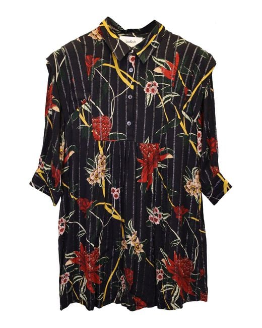 Ba&sh Black Floral Print Metallic Stripe Dress