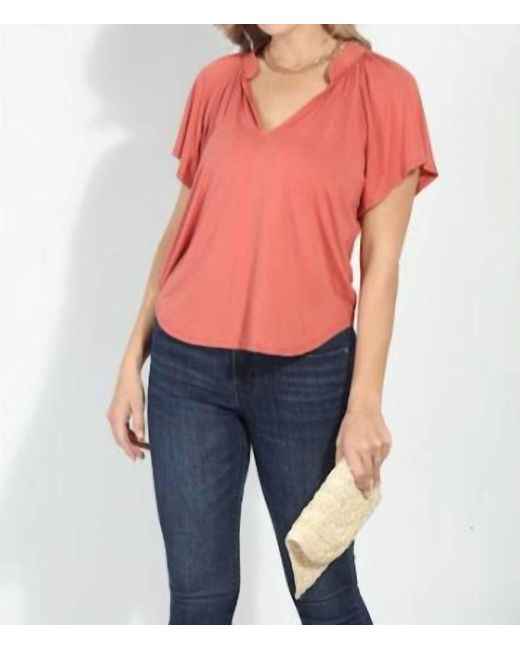 Veronica M Orange Split Neck Short Sleeve Top