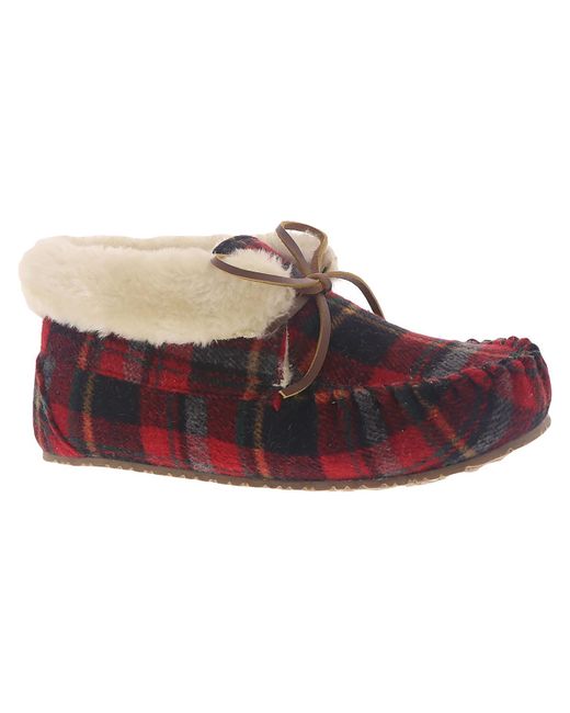 Minnetonka Red Cabin Bootie Bow Faux Fur Lined Moccasins