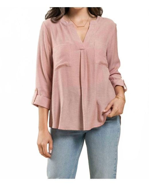 Blu Pepper Red Split Neck Back Button Three Quarter Tab Sleeve Top